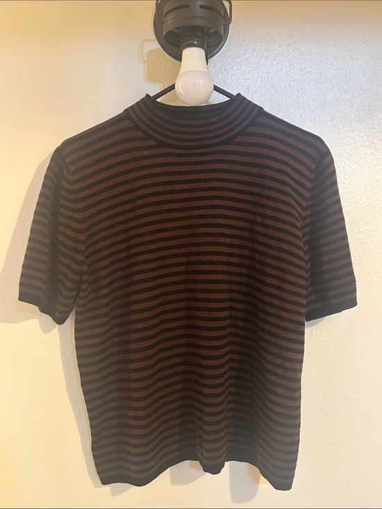 Sag Harbor Sweaters - Short-Sleeve Stripe Knit Top in Black and Brown